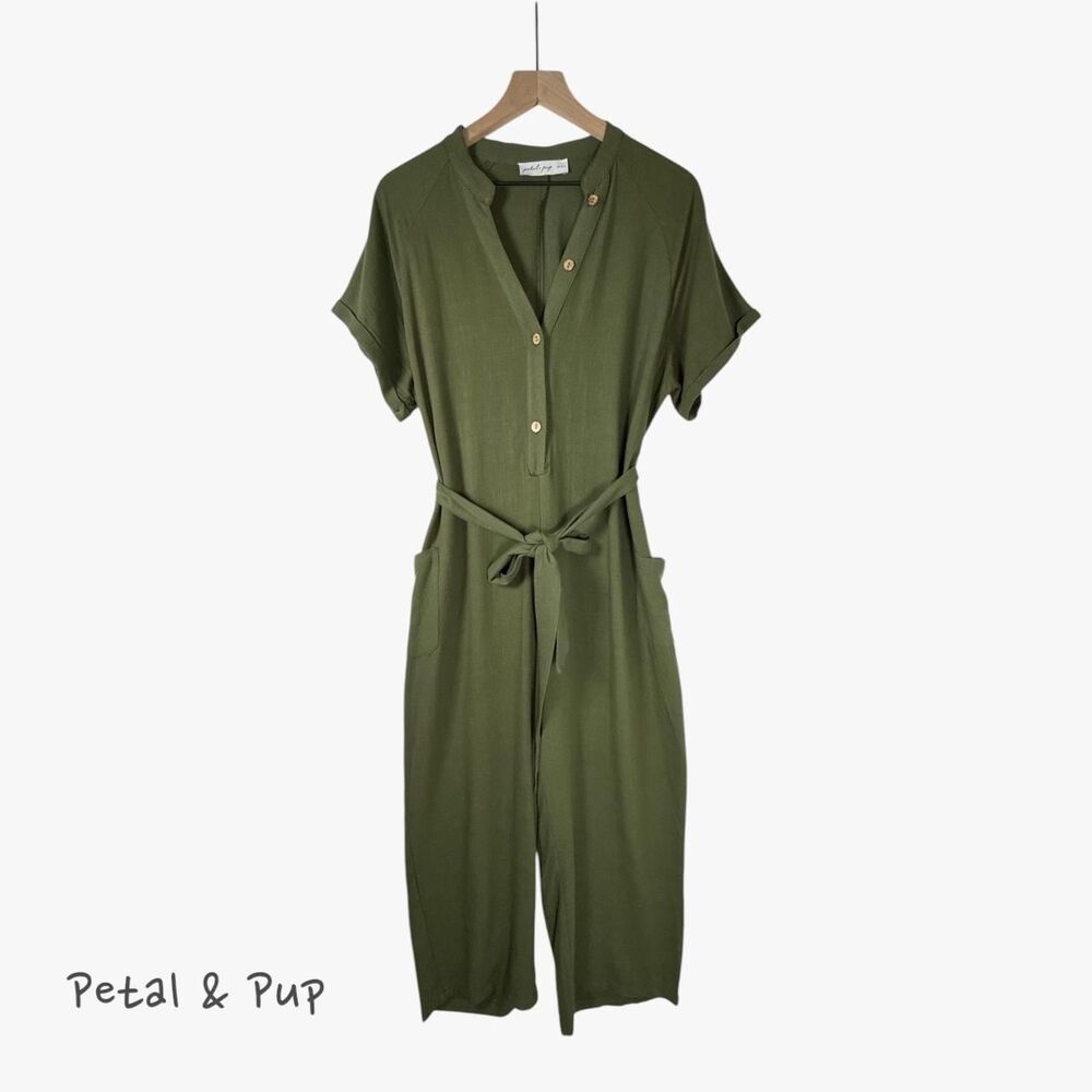 Petal & Pup Women's Short Sleeve Linen Jumpsuit in Olive Sz 8 Retro Boho